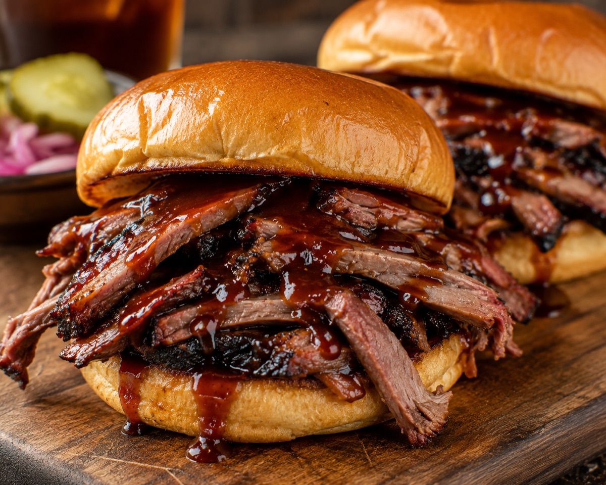Barbecue brisket sandwich on a toasted bun