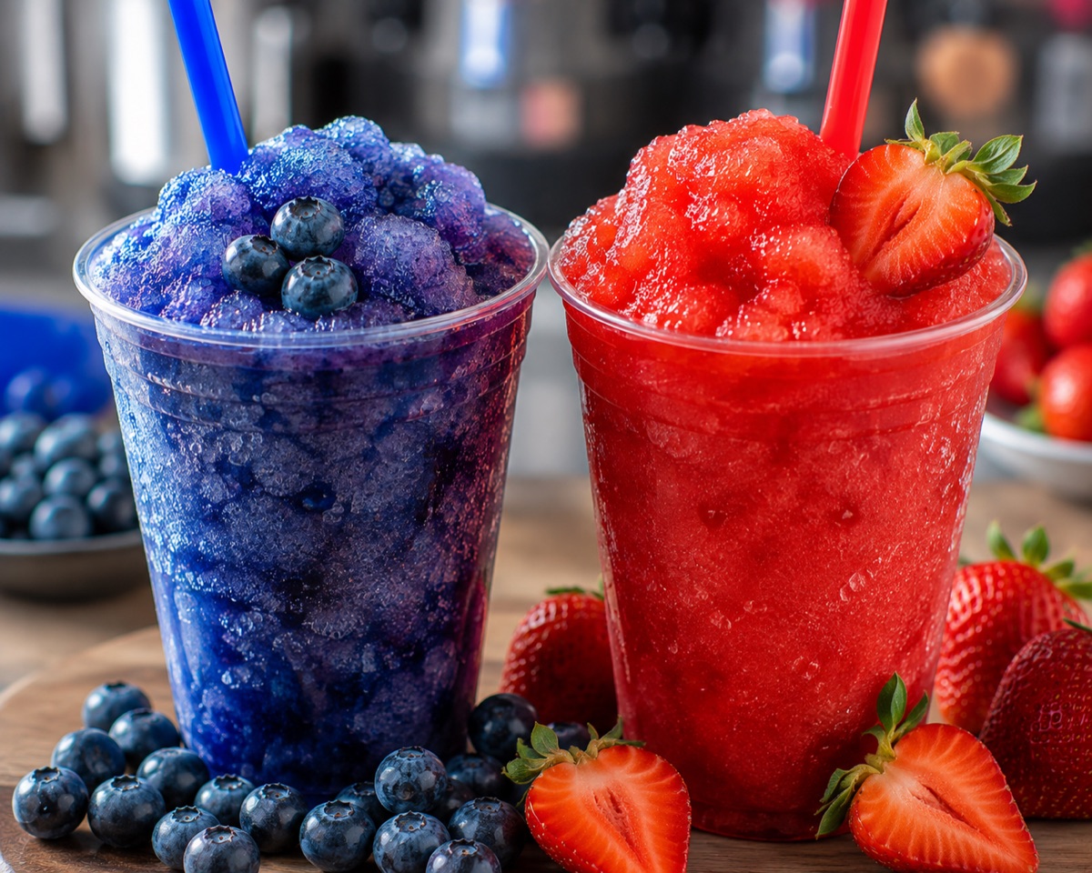 Blue raspberry and strawberry frozen slushies