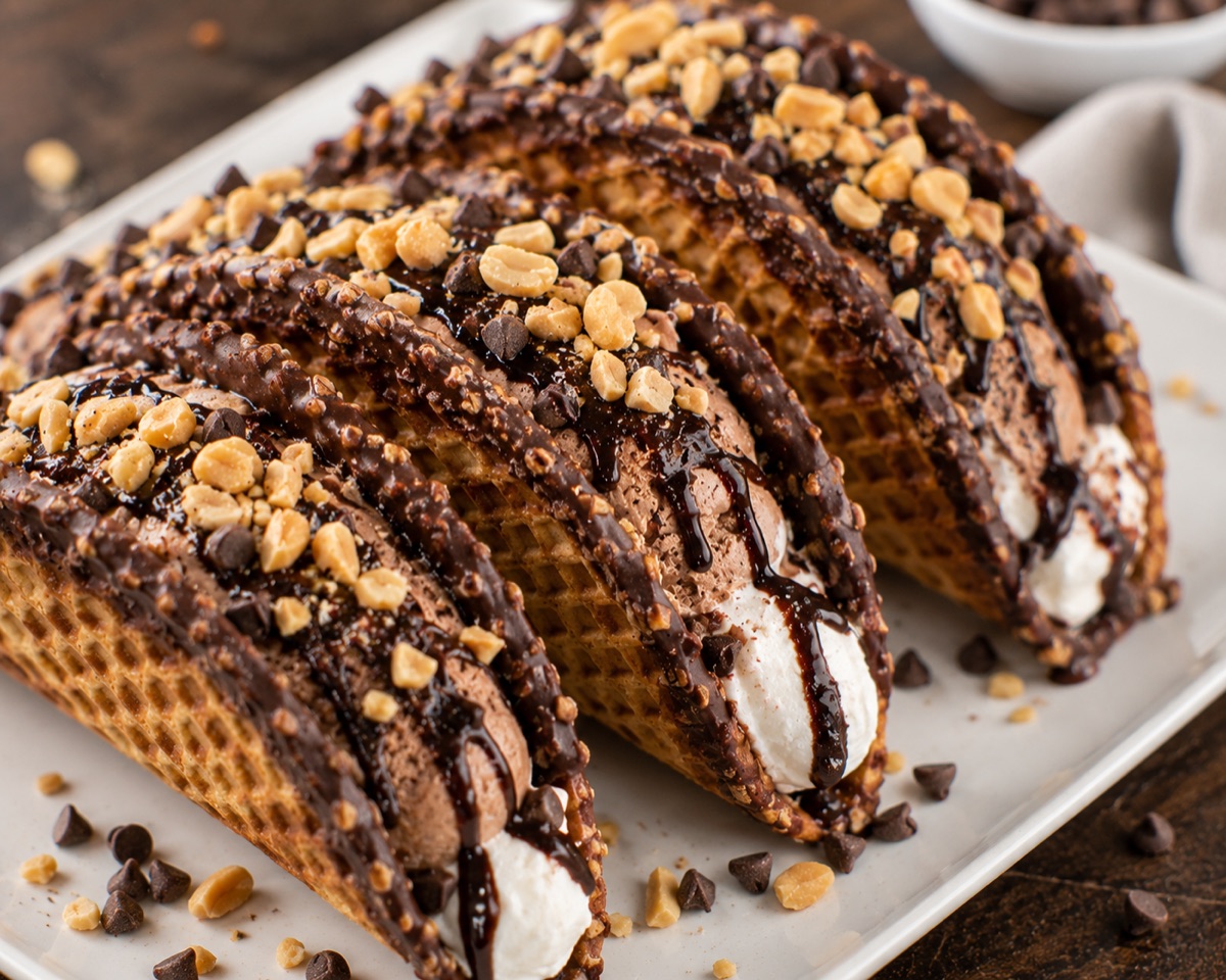 Chocolate dessert tacos with ice cream, chocolate drizzle, and peanuts