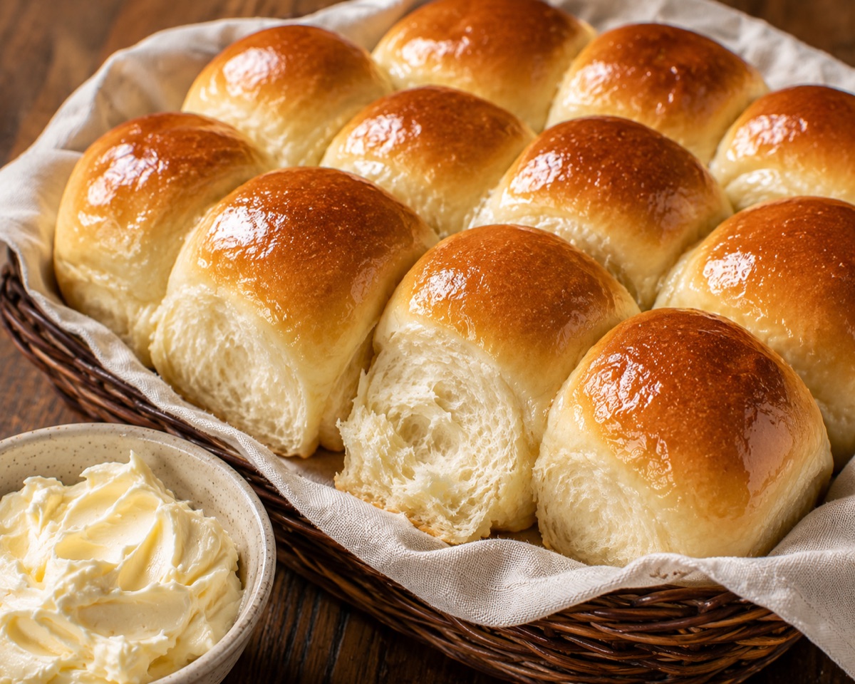 Fluffy golden dinner rolls served with whipped butter