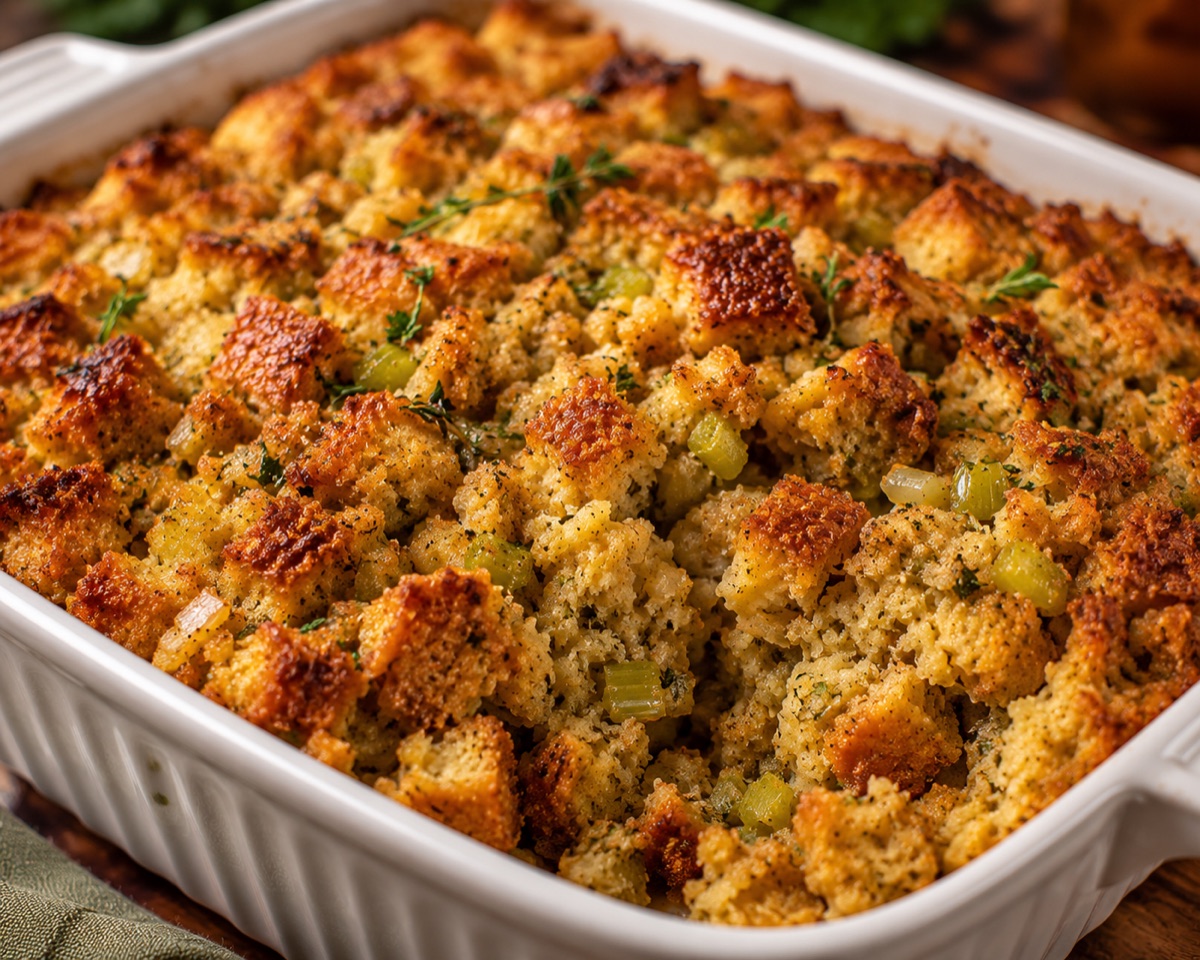 Golden double-baked stuffing in a serving dish